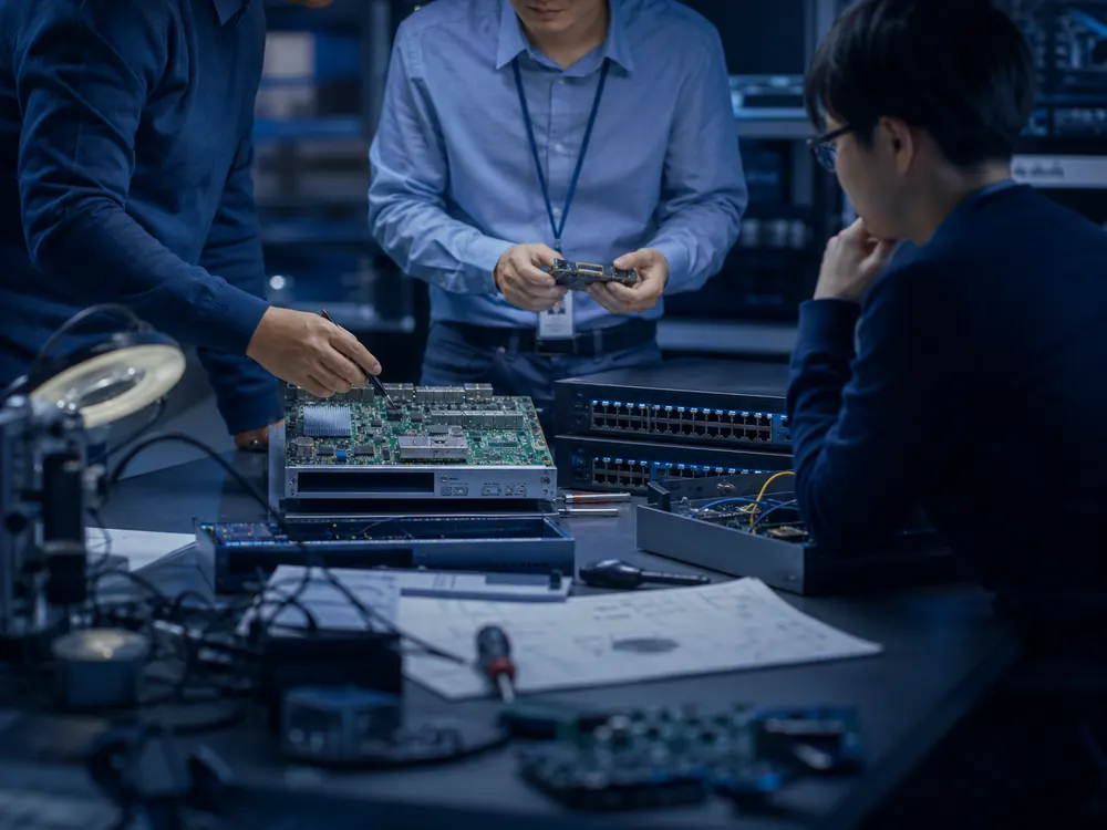 Engineering team collaborating on network hardware