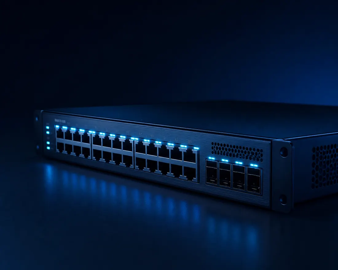 Network switch with illuminated ports and patch cables in a data center